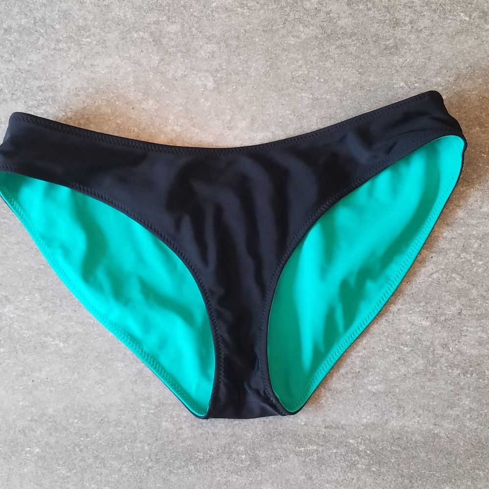 Fabletics Reversible Cheeky Bikini Bottoms Black Turquoise Small